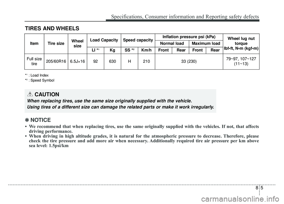 KIA SOUL EV 2018  Owners Manual 85
Specifications, Consumer information and Reporting safety defects
TIRES AND WHEELS
*1: Load Index
*2: Speed Symbol
ItemTire sizeWheel sizeLoad CapacitySpeed capacityInflation pressure psi (kPa)Whee