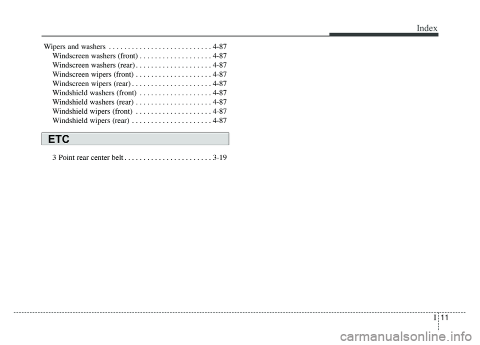 KIA SOUL EV 2018  Owners Manual I11
Index
Wipers and washers . . . . . . . . . . . . . . . . . . . . . . . . . . . 4-87Windscreen washers (front) . . . . . . . . . . . . . . . . . . . 4-87
Windscreen washers (rear) . . . . . . . . .