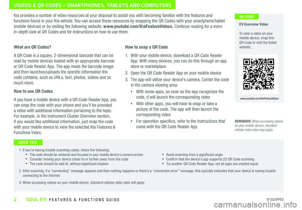 KIA SOUL EV 2018  Features and Functions Guide 2*IF EQUIPPED SOUL EV  FEATURES & FUNCTIONS GUIDE
VIDEOS & QR CODES - SMARTPHONES, TABLETS AND COMPUTERS
  1  If you’re having trouble scanning codes, check the following: •The code should be cent