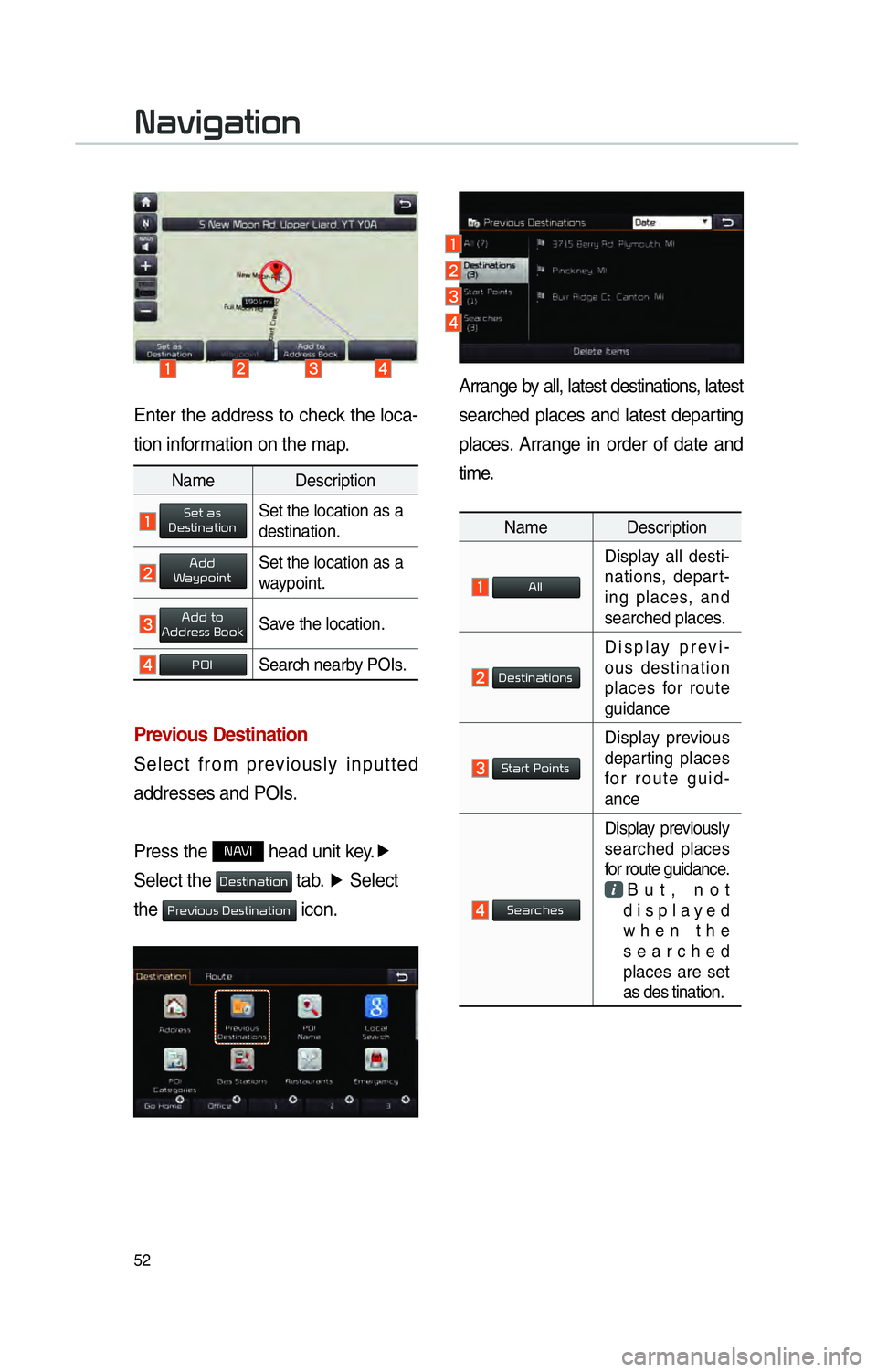 KIA SOUL EV 2016 Navigation System Quick Reference Guide 52
Enter the address to check the loca-
tion information on the map.
Previous Destination
Select from previously inputted
addresses and POIs.
Press the
00310024 head unit key.▶
Select the
00270 KIA SOUL EV 2016 Navigation System Quick Reference Guide 52
Enter the address to check the loca-
tion information on the map.
Previous Destination
Select from previously inputted
addresses and POIs.
Press the
00310024 head unit key.▶
Select the
00270
