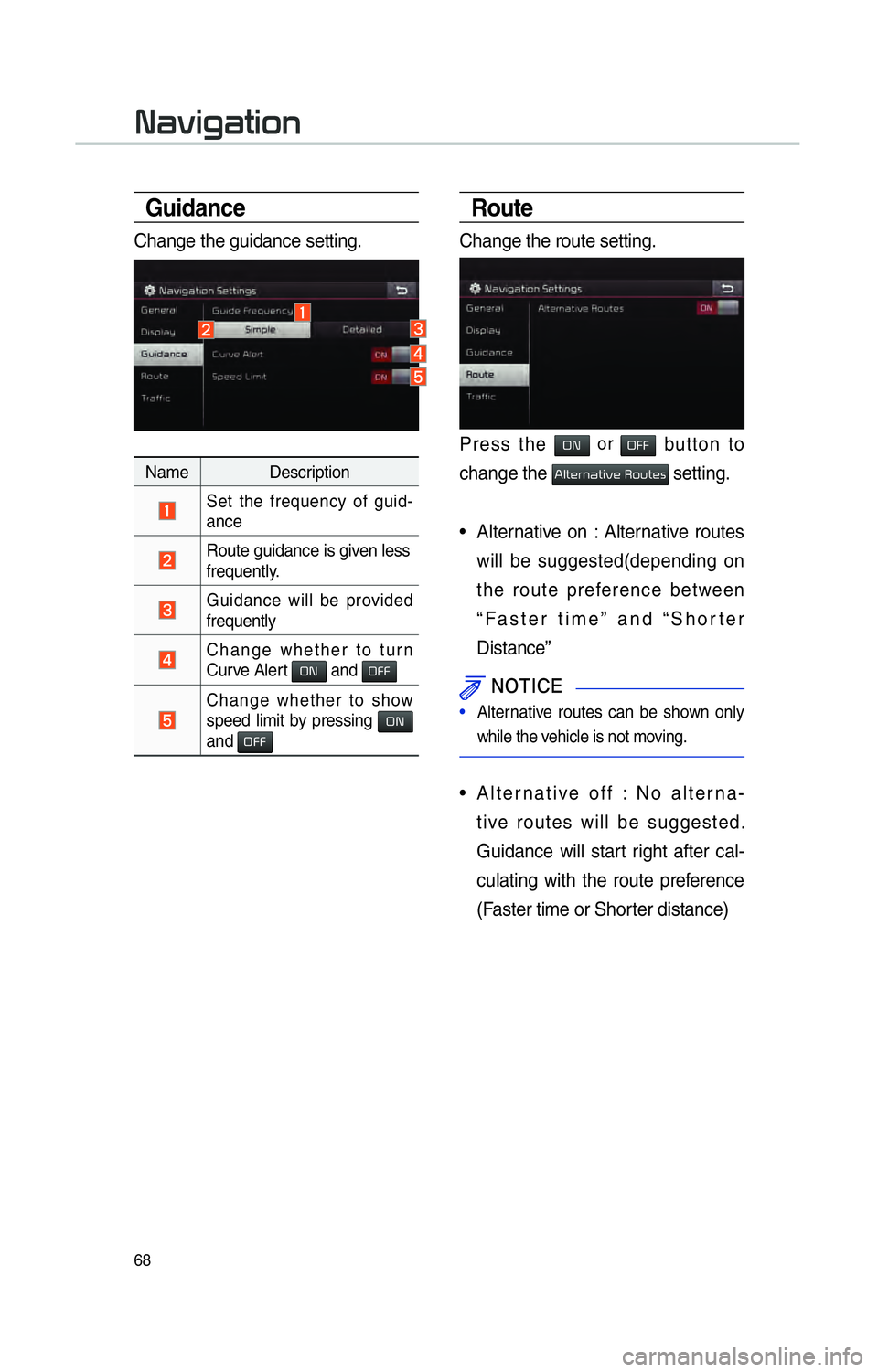 KIA SOUL EV 2015  Navigation System Quick Reference Guide 68
Guidance
Change the guidance setting.
Name Description
 Set the frequency of guid-
ance 
 Route guidance is given less 
frequently.
  Guidance will be provided 
frequently
  Change whether to turn 