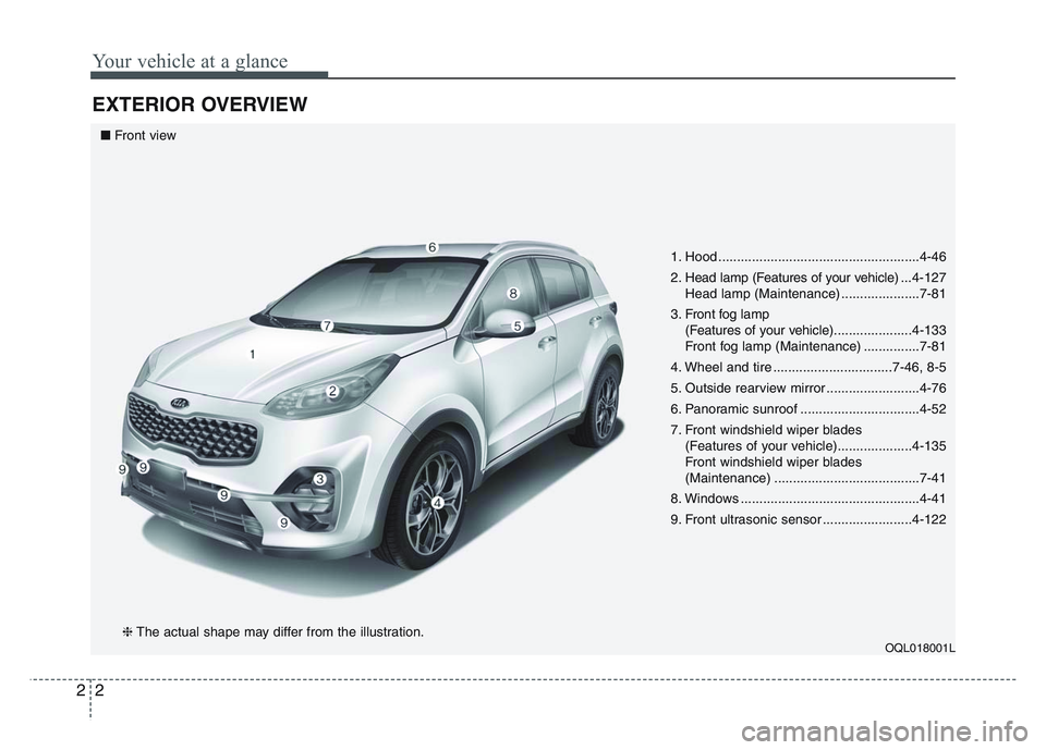 KIA SPORTAGE 2021  Owners Manual Your vehicle at a glance
22
EXTERIOR OVERVIEW
1. Hood ......................................................4-46
2. Head lamp (Features of your vehicle) ...4-127
Head lamp (Maintenance) ..............