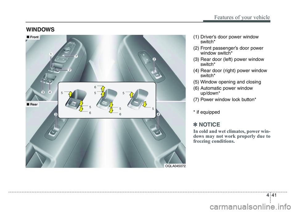 KIA SPORTAGE 2021  Owners Manual 4 41
Features of your vehicle
(1) Driver’s door power windowswitch*
(2) Front passenger’s door power window switch*
(3) Rear door (left) power window switch*
(4) Rear door (right) power window swi