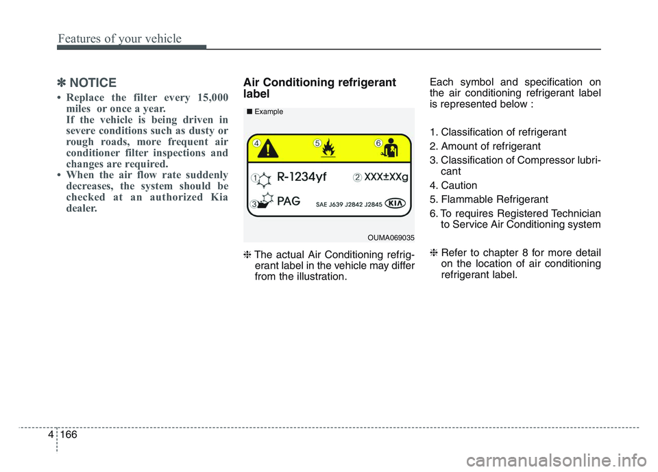 KIA SPORTAGE 2021  Owners Manual Features of your vehicle
1664
✽NOTICE
• Replace the filter every 15,000miles  or once a year.
If the vehicle is being driven in
severe conditions such as dusty or
rough roads, more frequent air
co