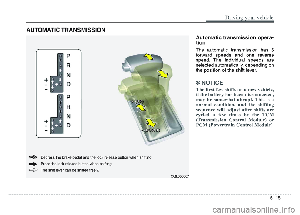 KIA SPORTAGE 2021  Owners Manual 5 15
Driving your vehicle
Automatic transmission opera-
tion
The automatic transmission has 6
forward speeds and one reverse
speed. The individual speeds are
selected automatically, depending on
the p