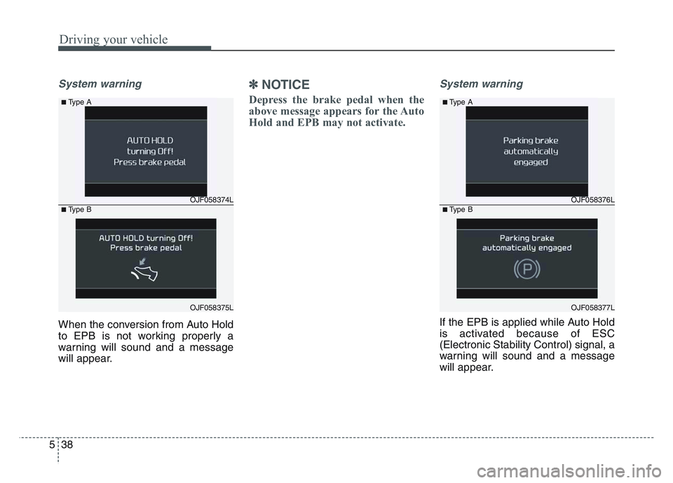 KIA SPORTAGE 2021  Owners Manual Driving your vehicle
385
System warning
When the conversion from Auto Hold
to EPB is not working properly a
warning will sound and a message
will appear.
✽NOTICE
Depress the brake pedal when the
abo