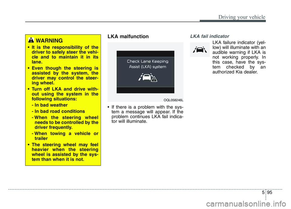 KIA SPORTAGE 2021  Owners Manual 5 95
Driving your vehicle
LKA malfunction
• If there is a problem with the sys-tem a message will appear. If the
problem continues LKA fail indica-
tor will illuminate.
LKA fail indicator
LKA failur