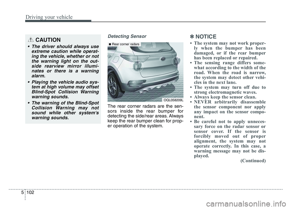 KIA SPORTAGE 2021  Owners Manual Driving your vehicle
1025
Detecting Sensor
The rear corner radars are the sen-
sors inside the rear bumper for
detecting the side/rear areas. Always
keep the rear bumper clean for prop-
er operation o