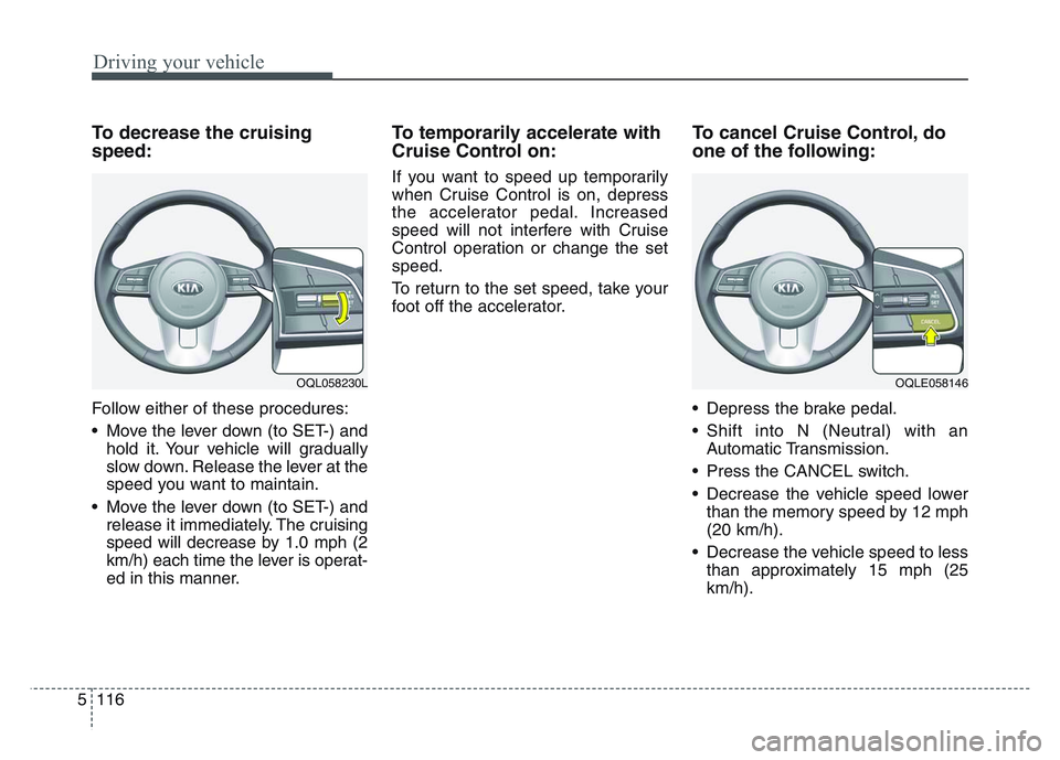 KIA SPORTAGE 2021  Owners Manual Driving your vehicle
1165
To decrease the cruising
speed:
Follow either of these procedures:
• Move the lever down (to SET-) andhold it. Your vehicle will gradually
slow down. Release the lever at t