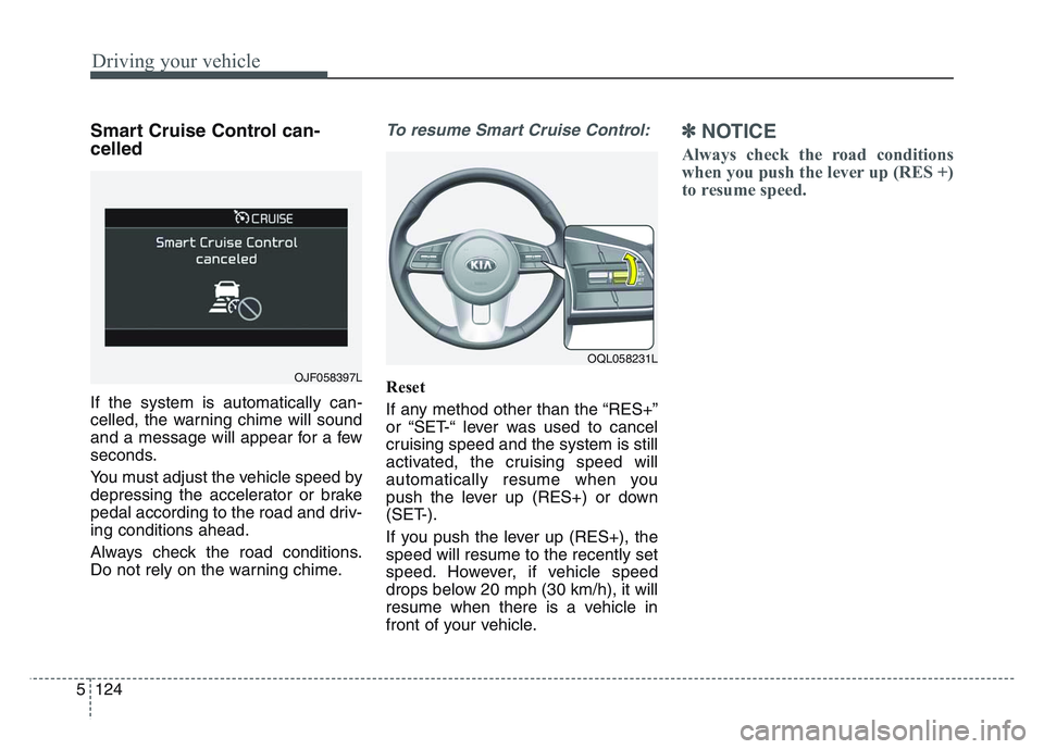 KIA SPORTAGE 2021  Owners Manual Driving your vehicle
1245
Smart Cruise Control can-
celled
If the system is automatically can-
celled, the warning chime will sound
and a message will appear for a few
seconds.
You must adjust the veh