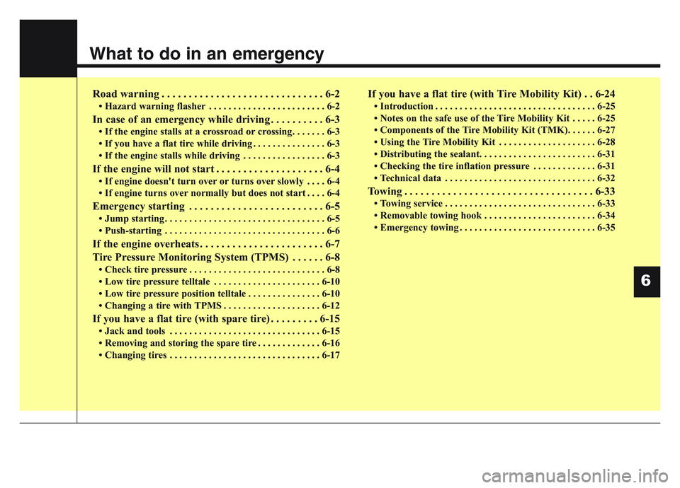 KIA SPORTAGE 2021  Owners Manual What to do in an emergency
Road warning . . . . . . . . . . . . . . . . . . . . . . . . . . . . . . 6-2
• Hazard warning flasher . . . . . . . . . . . . . . . . . . . . . . . . 6-2
In case of an eme