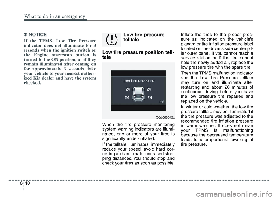 KIA SPORTAGE 2021  Owners Manual What to do in an emergency
106
✽NOTICE
If the TPMS, Low Tire Pressure
indicator does not illuminate for 3
seconds when the ignition switch or
the Engine start/stop button is
turned to the ON positio