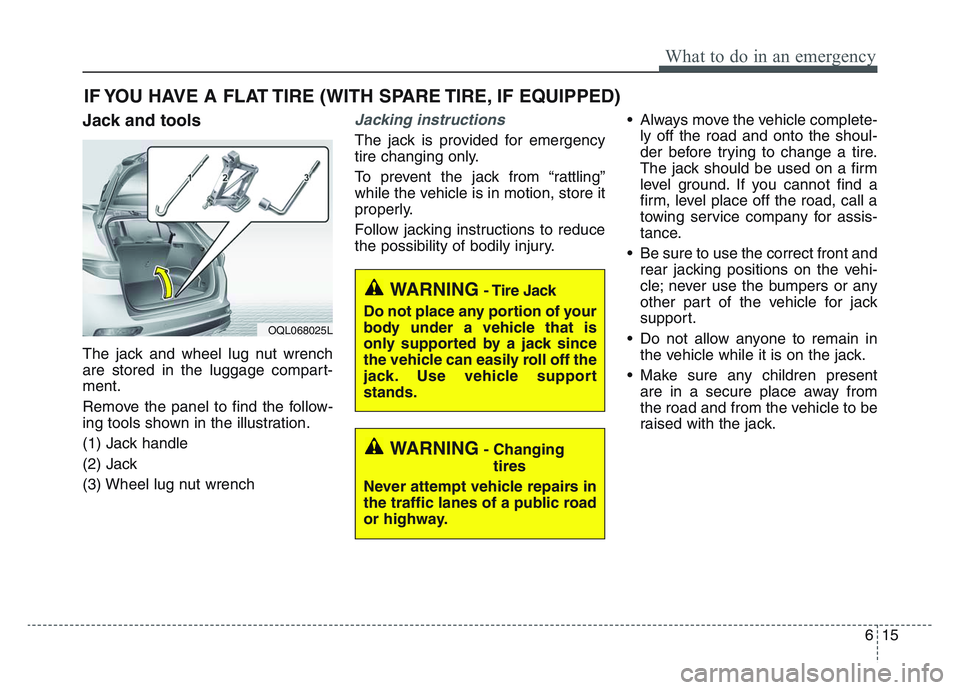 KIA SPORTAGE 2021  Owners Manual 6 15
What to do in an emergency
IF YOU HAVE A FLAT TIRE (WITH SPARE TIRE, IF EQUIPPED)
Jack and tools
The jack and wheel lug nut wrench
are stored in the luggage compart-
ment.
Remove the panel to fin