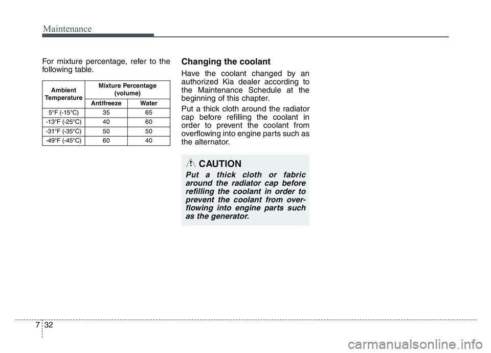 KIA SPORTAGE 2021  Owners Manual Maintenance
327
For mixture percentage, refer to the
following table.Changing the coolant
Have the coolant changed by an
authorized Kia dealer according to
the Maintenance Schedule at the
beginning of