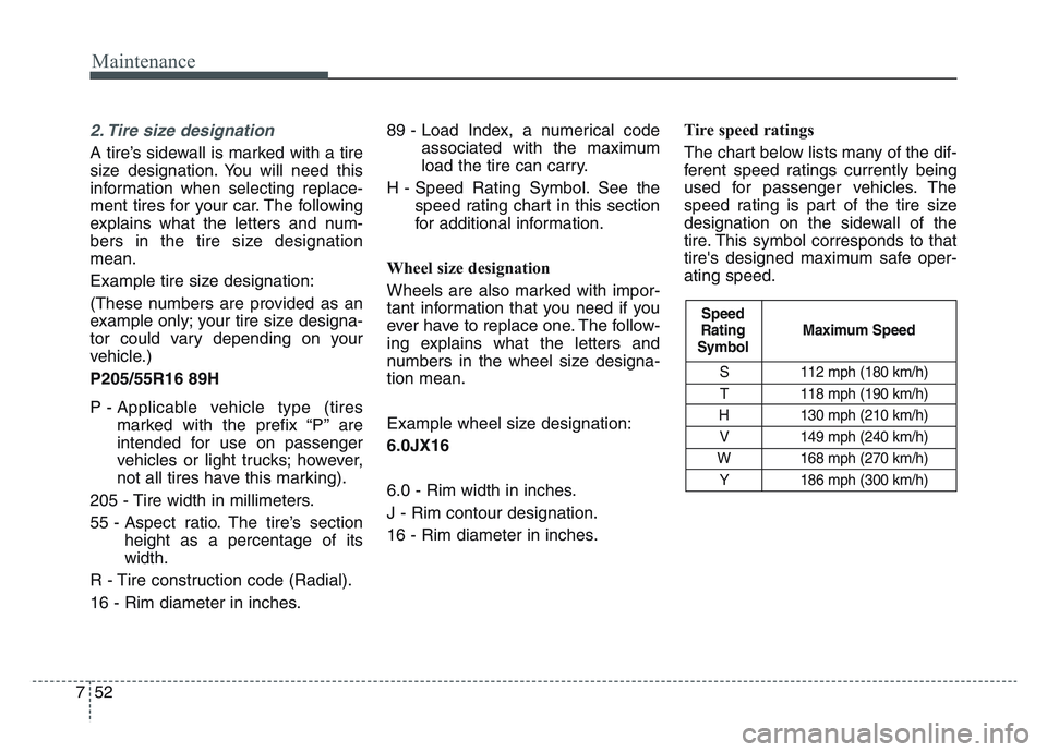 KIA SPORTAGE 2021  Owners Manual Maintenance
527
2. Tire size designation  
A tire’s sidewall is marked with a tire
size designation. You will need this
information when selecting replace-
ment tires for your car. The following
exp