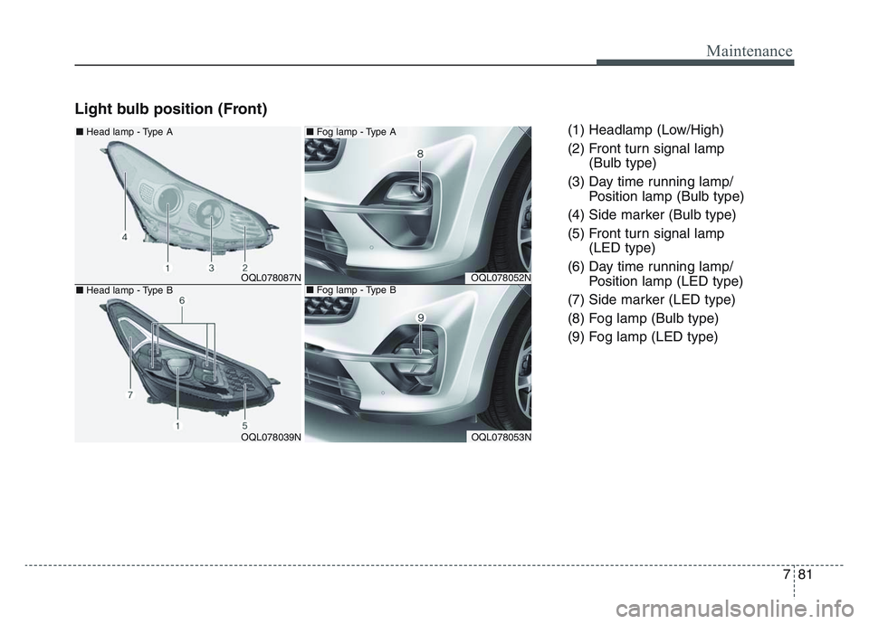 KIA SPORTAGE 2021  Owners Manual 7 81
Maintenance
Light bulb position (Front) 
(1) Headlamp (Low/High)
(2) Front turn signal lamp (Bulb type)
(3) Day time running lamp/ Position lamp (Bulb type)
(4) Side marker (Bulb type)
(5) Front 