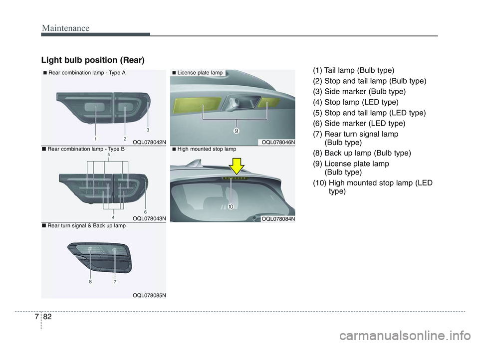 KIA SPORTAGE 2021  Owners Manual Maintenance
827
Light bulb position (Rear)
(1) Tail lamp (Bulb type)
(2) Stop and tail lamp (Bulb type)
(3) Side marker (Bulb type)
(4) Stop lamp (LED type)
(5) Stop and tail lamp (LED type)
(6) Side 
