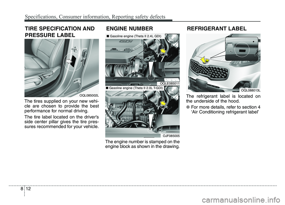 KIA SPORTAGE 2021  Owners Manual Specifications, Consumer information, Reporting safety defects
128
The tires supplied on your new vehi-
cle are chosen to provide the best
performance for normal driving.
The tire label located on the