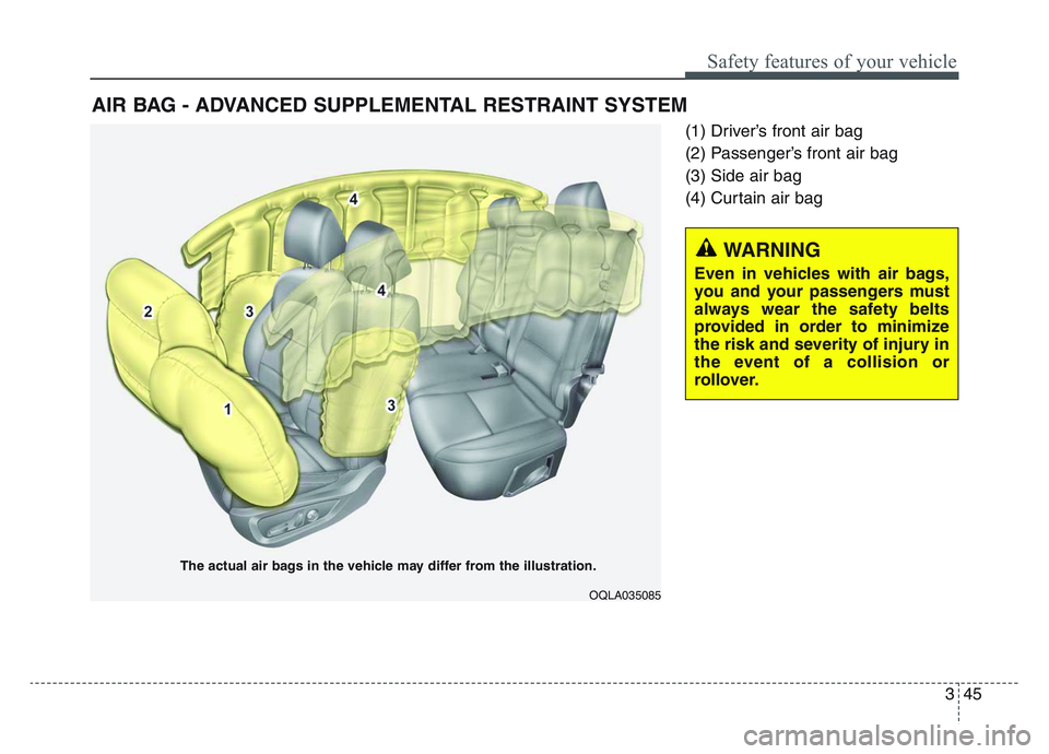 KIA SPORTAGE 2021  Owners Manual 3 45
Safety features of your vehicle
(1) Driver’s front air bag
(2) Passenger’s front air bag
(3) Side air bag
(4) Curtain air bag
AIR BAG - ADVANCED SUPPLEMENTAL RESTRAINT SYSTEM
The actual air b
