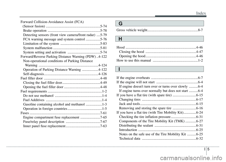 KIA SPORTAGE 2021  Owners Manual I5
Index
Forward Collision-Avoidance Assist (FCA)(Sensor fusion) ............................................................5-74Brake operation .......................................................