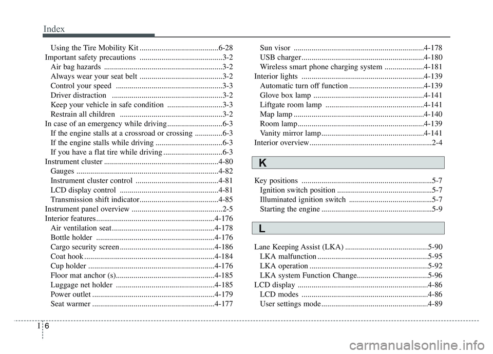 KIA SPORTAGE 2021  Owners Manual Index
6I
Using the Tire Mobility Kit ........................................6-28
Important safety precautions ..........................................3-2 Air bag hazards  ..........................