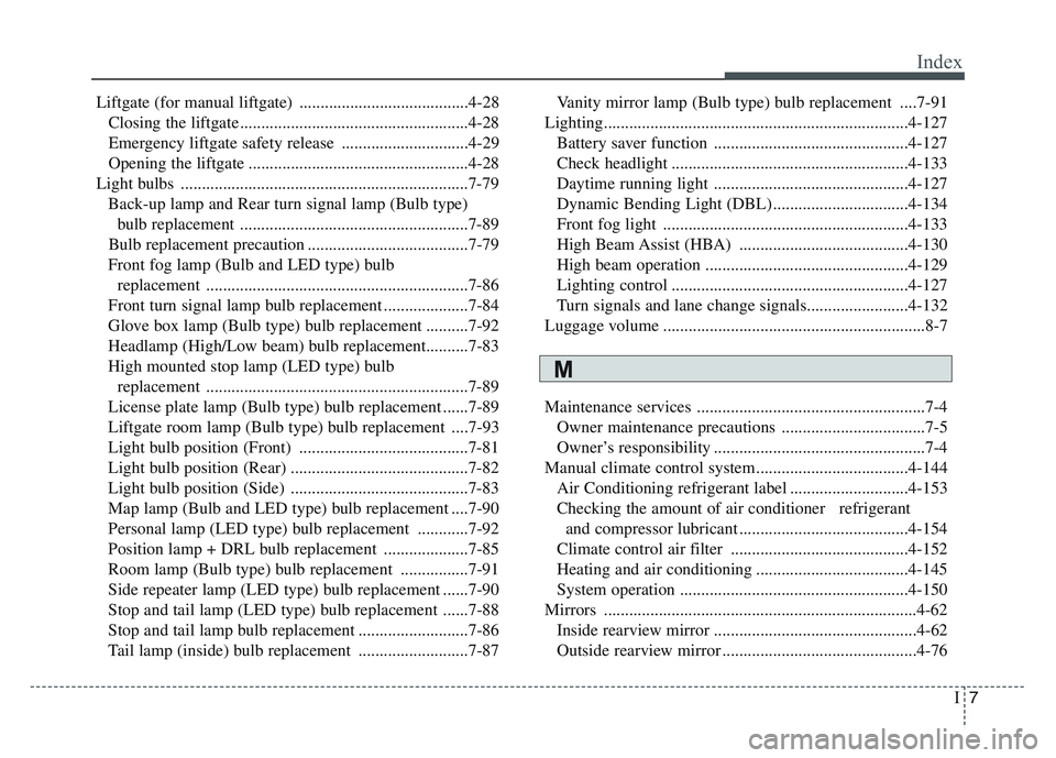 KIA SPORTAGE 2021  Owners Manual I7
Index
Liftgate (for manual liftgate) ........................................4-28Closing the liftgate ......................................................4-28
Emergency liftgate safety release ..
