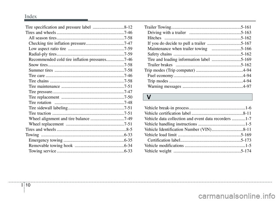 KIA SPORTAGE 2021  Owners Manual Index
10I
Tire specification and pressure label ............................8-12
Tires and wheels ............................................................7-46All season tires .....................