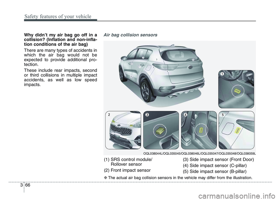 KIA SPORTAGE 2021  Owners Manual Safety features of your vehicle
663
Why didn’t my air bag go off in a
collision? (Inflation and non-infla-
tion conditions of the air bag)
There are many types of accidents in
which the air bag woul