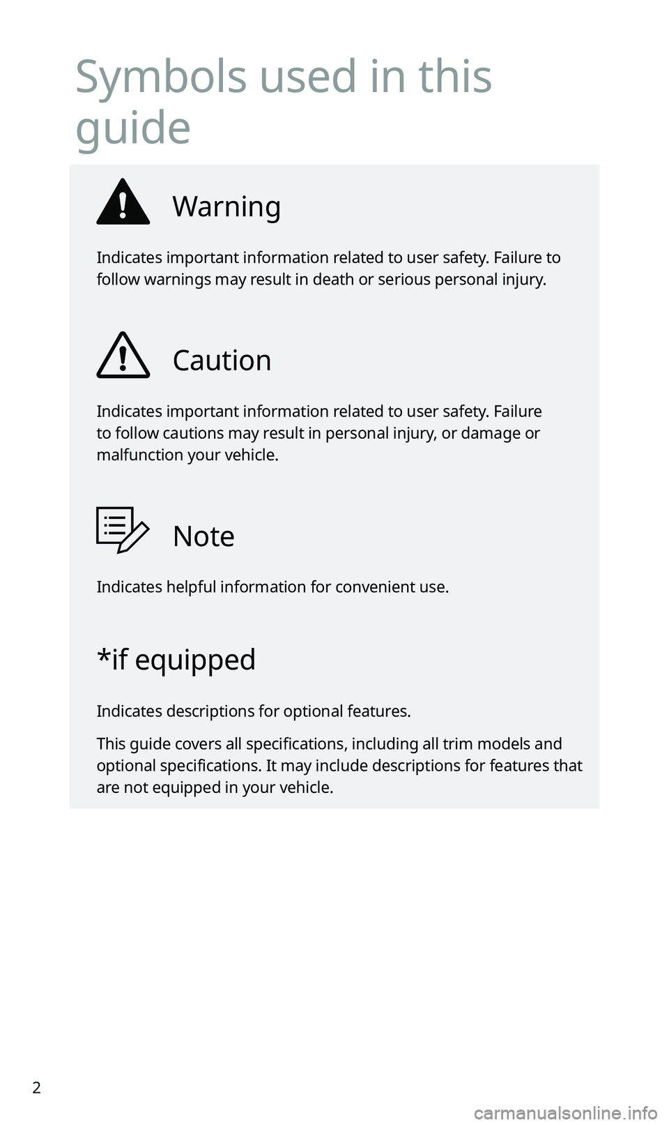 KIA SPORTAGE 2021  Quick Reference Guide 2
Symbols used in this 
guide
Warning
Indicates important information related to user safety. Failure to 
follow warnings may result in death or serious personal injury.
Caution
Indicates important in