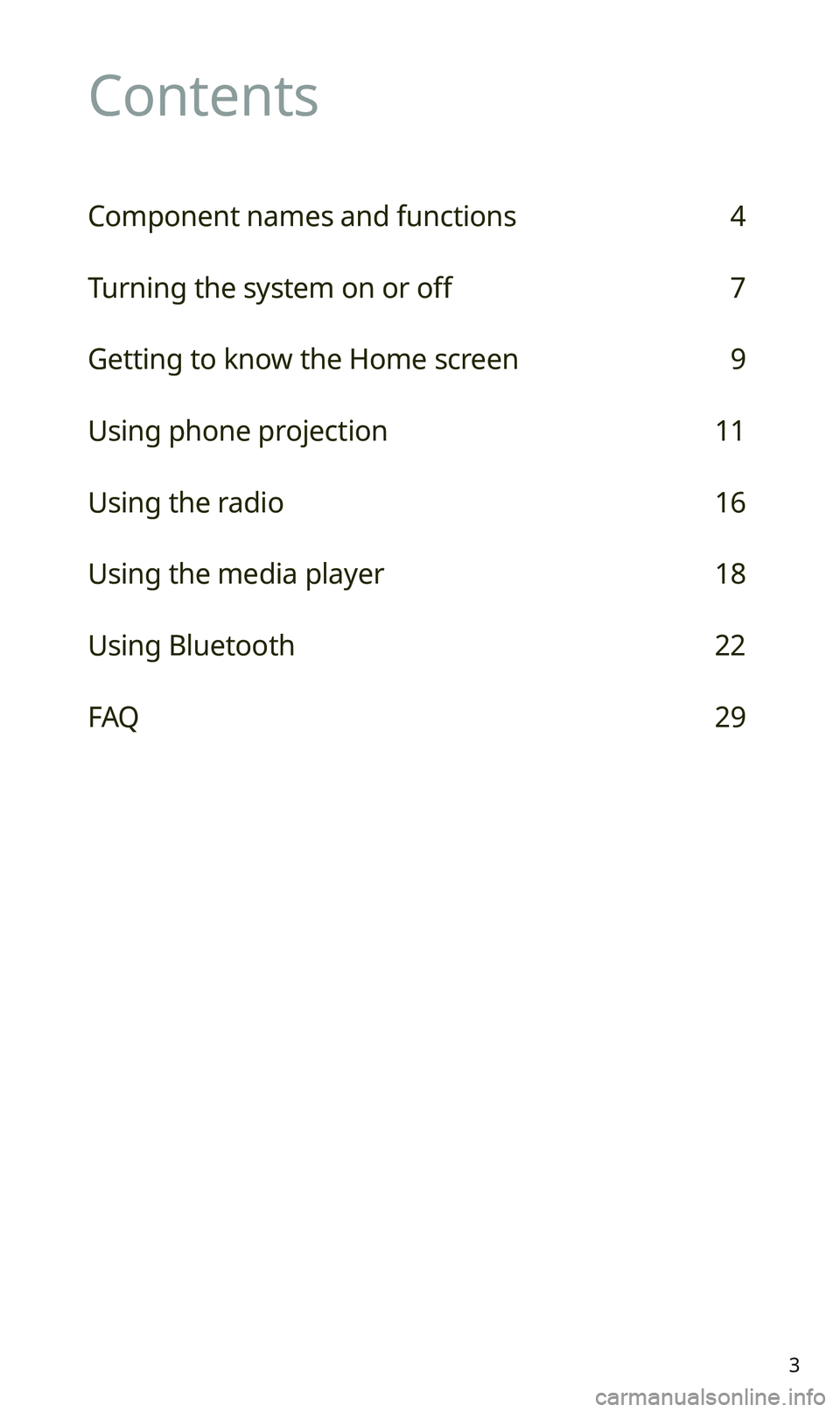 KIA SPORTAGE 2021  Quick Reference Guide 3
Contents
Component names and functions 4
Turning the system on or off 7
Getting to know the Home screen 9
Using phone projection 11
Using the radio 16
Using the media player 18
Using Bluetooth 22
FA