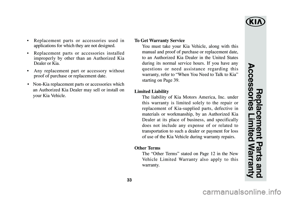 KIA SPORTAGE 2020  Warranty and Consumer Information Guide 33
Replacement Parts and 
Accessories Limited Warranty
•	Replacement parts or accessories used in 
applications for which they are not designed. 
•	Replacement parts or accessories installed 
impr