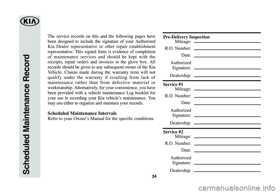 KIA SPORTAGE 2020  Warranty and Consumer Information Guide 34Scheduled Maintenance Record
The service records on this and the following pages have 
been designed to include the signature of your Authorized 
Kia Dealer representative or other repair establishm