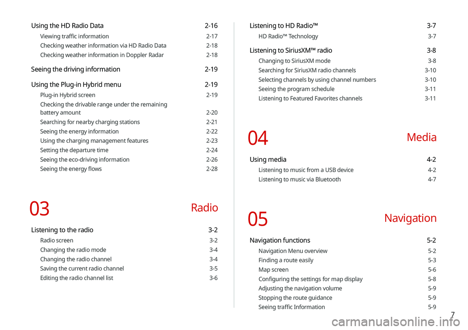 KIA NIRO PHEV 2020  Navigation System Quick Reference Guide 7
Using the HD Radio Data 2-16
Viewing traffic information 2-17
Checking weather information via HD Radio Data 2-18
Checking weather information in Doppler Radar  2-18
Seeing the driving information 2
