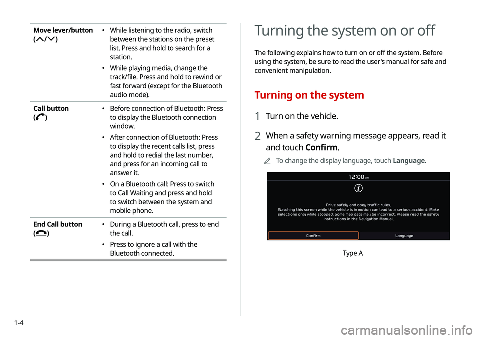 KIA NIRO EV 2020  Navigation System Quick Reference Guide 1-4
Turning the system on or off
The following explains how to turn on or off the system. Before 
using the system, be sure to read the user's manual for safe and 
convenient manipulation.
Turning