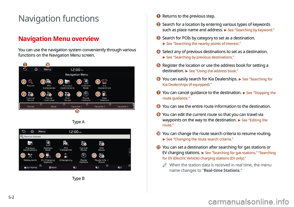 KIA NIRO EV 2020 Navigation System Quick Reference Guide 5-2
Navigation functions
Navigation Menu overview
You can use the navigation system conveniently through various
functions on the Navigation Menu screen.
\037\036
\035
\034
\033\032\031\030
\027\026\ KIA NIRO EV 2020 Navigation System Quick Reference Guide 5-2
Navigation functions
Navigation Menu overview
You can use the navigation system conveniently through various
functions on the Navigation Menu screen.
\037\036
\035
\034
\033\032\031\030
\027\026\