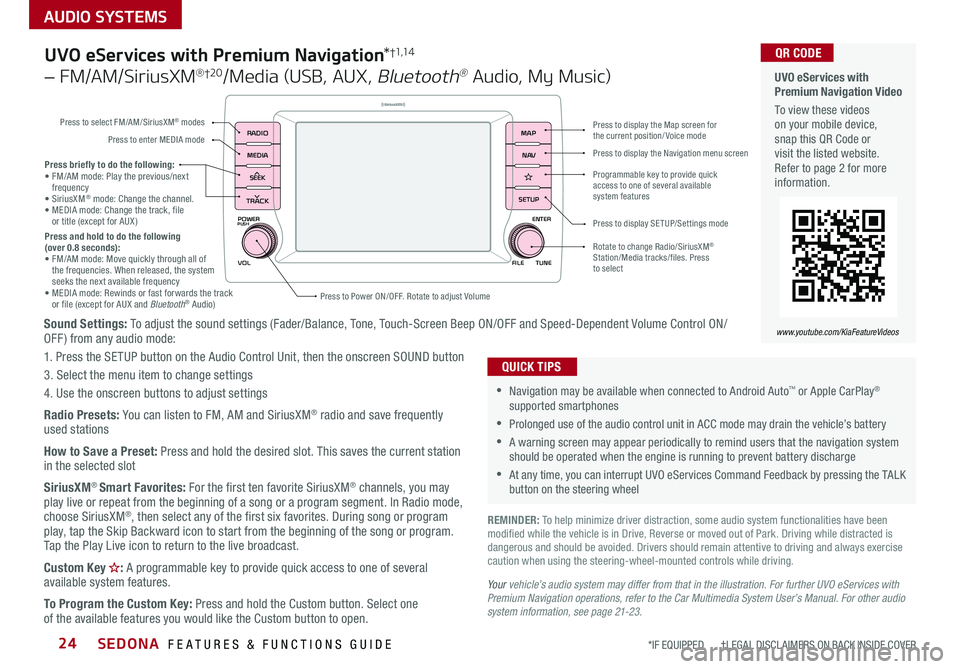 KIA SEDONA 2020 Features and Functions Guide SEDONA FEATURES & FUNCTIONS GUIDE24
AUDIO SYSTEMS
*IF EQUIPPED †LEGAL DISCL AIMERS ON BACK INSIDE COVER
POWER
VOLPUSH
APPS
RADIO
MEDIA
SEEK
TRACK
ENTER
FILE TUNE
MAP
N AV
SETUP
Sound Setting KIA SEDONA 2020 Features and Functions Guide SEDONA FEATURES & FUNCTIONS GUIDE24
AUDIO SYSTEMS
*IF EQUIPPED †LEGAL DISCL AIMERS ON BACK INSIDE COVER
POWER
VOLPUSH
APPS
RADIO
MEDIA
SEEK
TRACK
ENTER
FILE TUNE
MAP
N AV
SETUP
Sound Setting