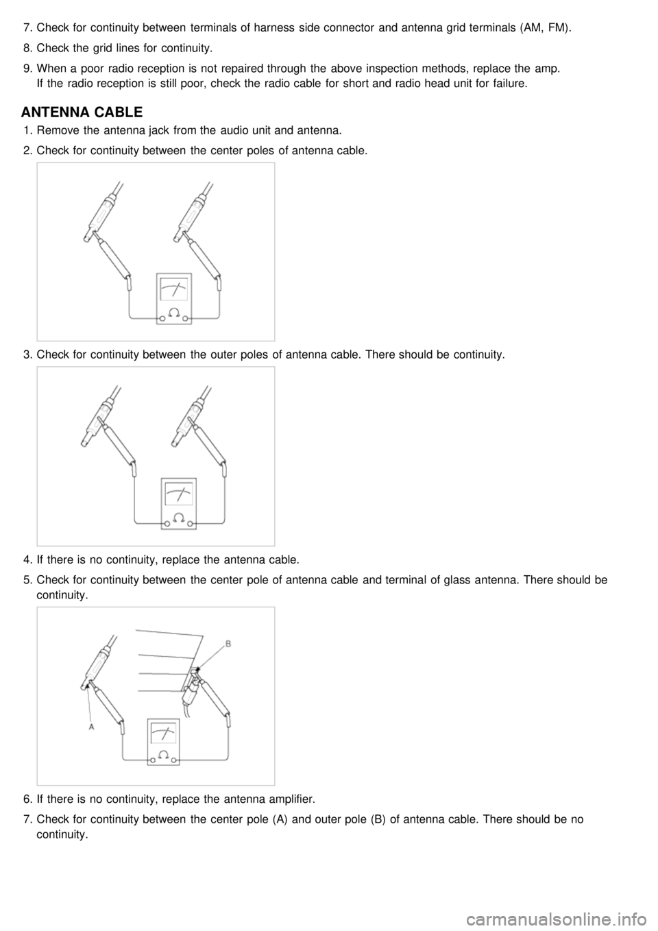 KIA CARNIVAL 2007  Workshop Manual 7.Check for  continuity between  terminals of harness  side connector  and antenna grid terminals (AM, FM).
8. Check the  grid lines for  continuity.
9. When a  poor  radio reception is not  repaired 