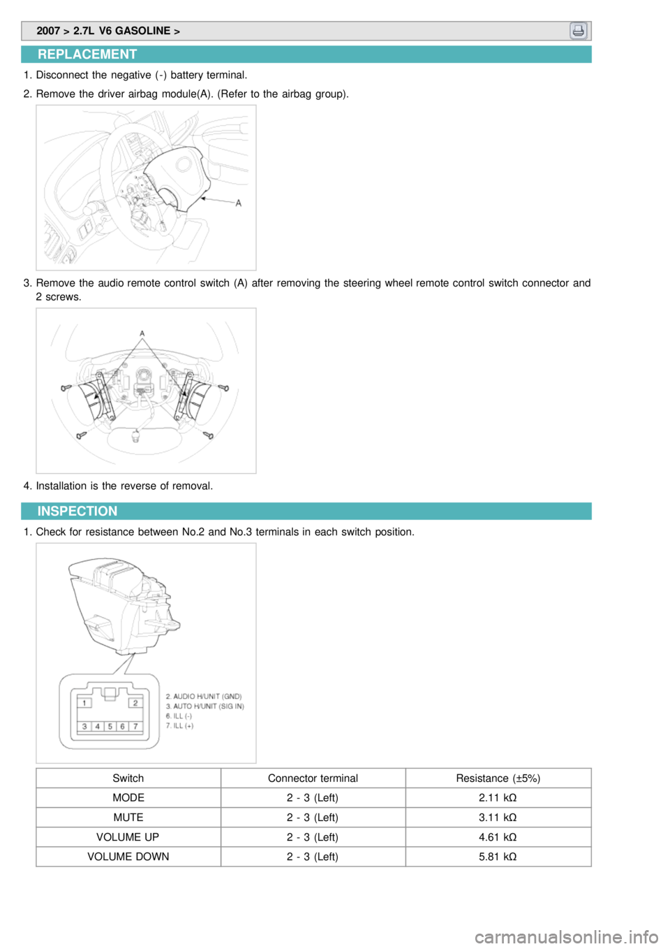 KIA CARNIVAL 2007  Workshop Manual  2007 > 2.7L  V6 GASOLINE > 
REPLACEMENT
1.Disconnect  the  negative  ( - )  battery terminal.
2. Remove the  driver airbag  module(A). (Refer  to the  airbag  group).
3.Remove the  audio remote contr