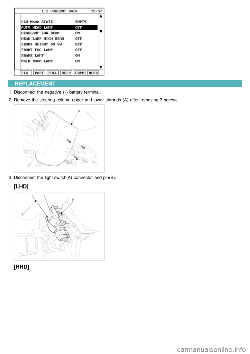 KIA CARNIVAL 2007  Workshop Manual REPLACEMENT
1.Disconnect  the  negative  ( - )  battery terminal.
2. Remove the  steering  column upper  and lower  shrouds  (A)  after  removing 3  screws.
3.Disconnect  the  light switch(A) connecto