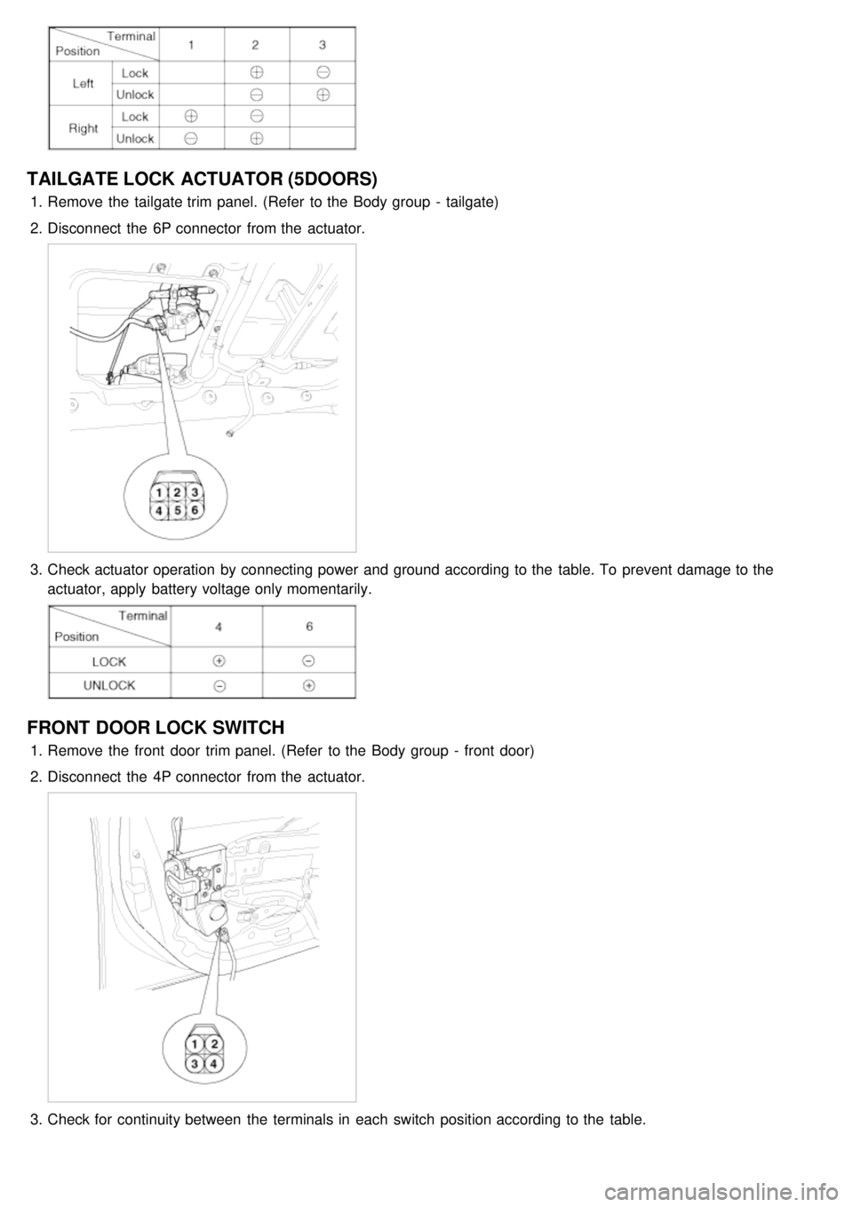 KIA CARNIVAL 2007  Workshop Manual TAILGATE LOCK ACTUATOR (5DOORS)
1.Remove the  tailgate trim panel. (Refer  to the  Body group  -  tailgate)
2. Disconnect  the  6P connector  from the  actuator.
3.Check actuator operation  by connect