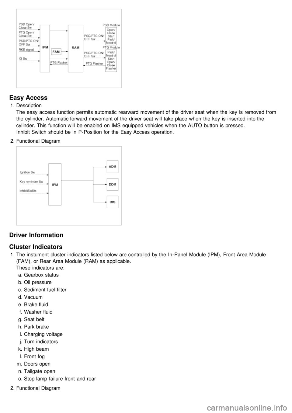 KIA CARNIVAL 2007  Workshop Manual Easy Access
1.Description
The easy access function permits automatic rearward  movement of the  driver seat when  the  key  is removed from
the  cylinder. Automatic forward movement of the  driver sea