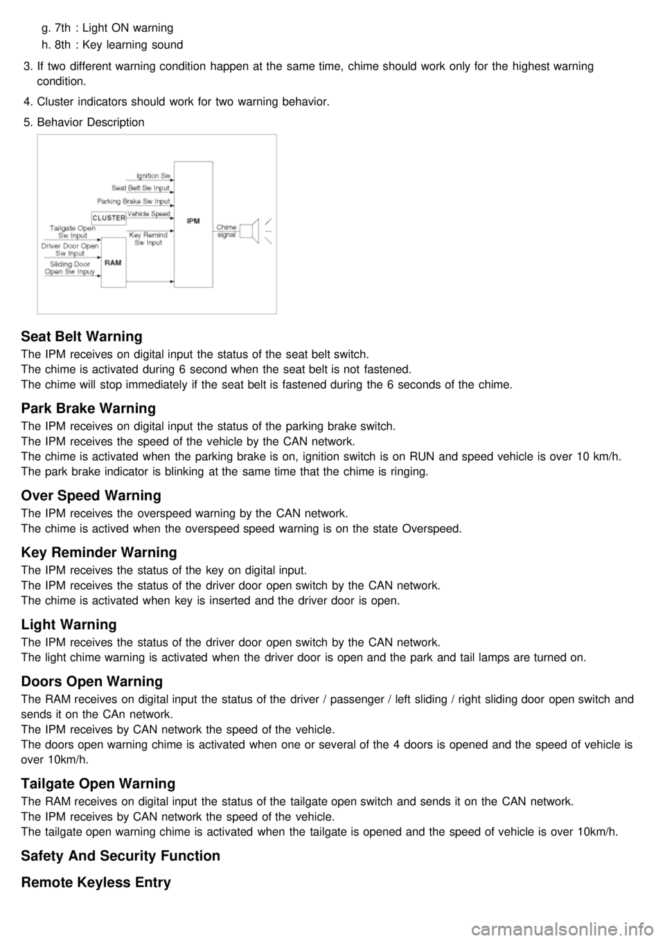 KIA CARNIVAL 2007  Workshop Manual g.7th  : Light  ON warning
h. 8th  : Key learning  sound
3. If  two  different warning condition  happen at the  same time,  chime should  work only for  the  highest warning
condition.
4. Cluster  in