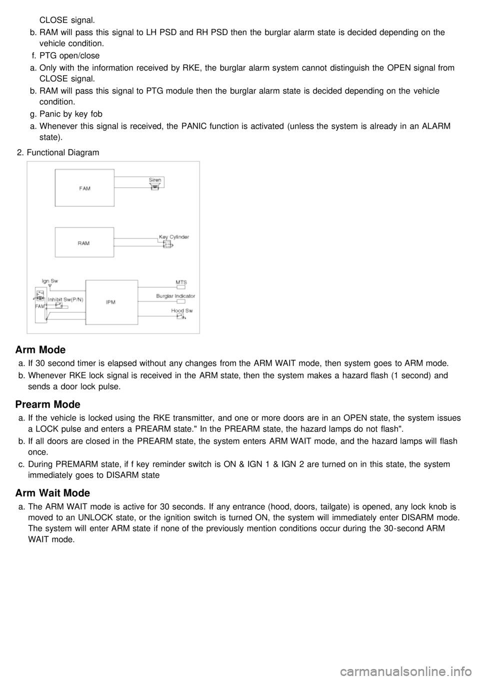 KIA CARNIVAL 2007  Workshop Manual CLOSE  signal.
b. RAM will  pass this  signal to LH PSD and RH PSD then  the  burglar alarm state  is decided depending on the
vehicle condition.
f. PTG open/close
a. Only with  the  information  rece