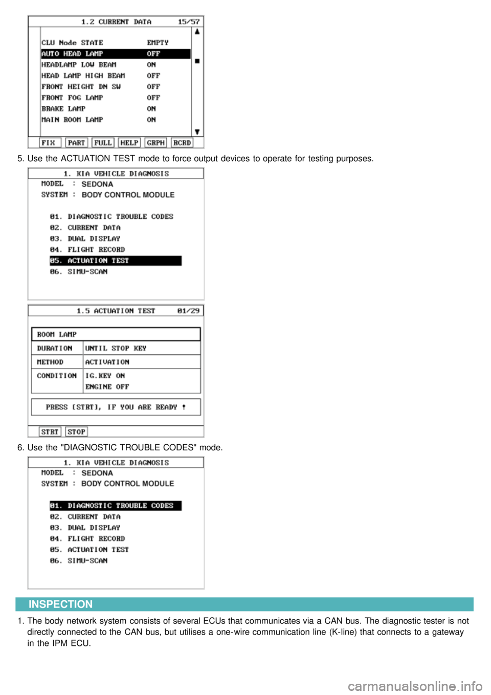 KIA CARNIVAL 2007  Workshop Manual 5.Use  the  ACTUATION  TEST  mode to force output  devices  to operate  for  testing  purposes.
6.Use  the  "DIAGNOSTIC TROUBLE CODES" mode.
INSPECTION
1.The body  network system  consists of several 