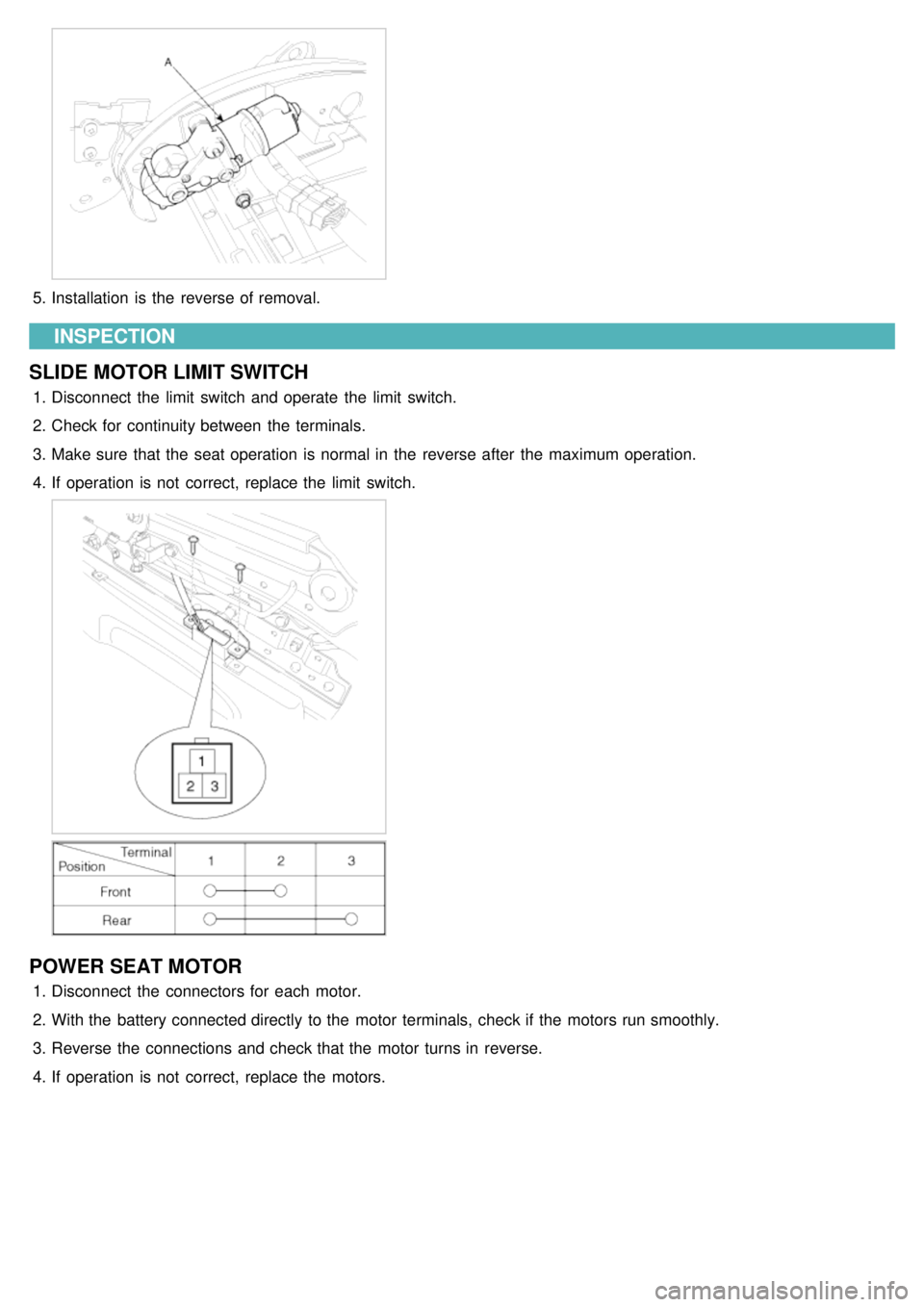 KIA CARNIVAL 2007  Workshop Manual 5.Installation  is the  reverse of removal.
INSPECTION
SLIDE  MOTOR LIMIT SWITCH
1. Disconnect  the  limit  switch  and operate  the  limit  switch.
2. Check for  continuity between  the  terminals.
3