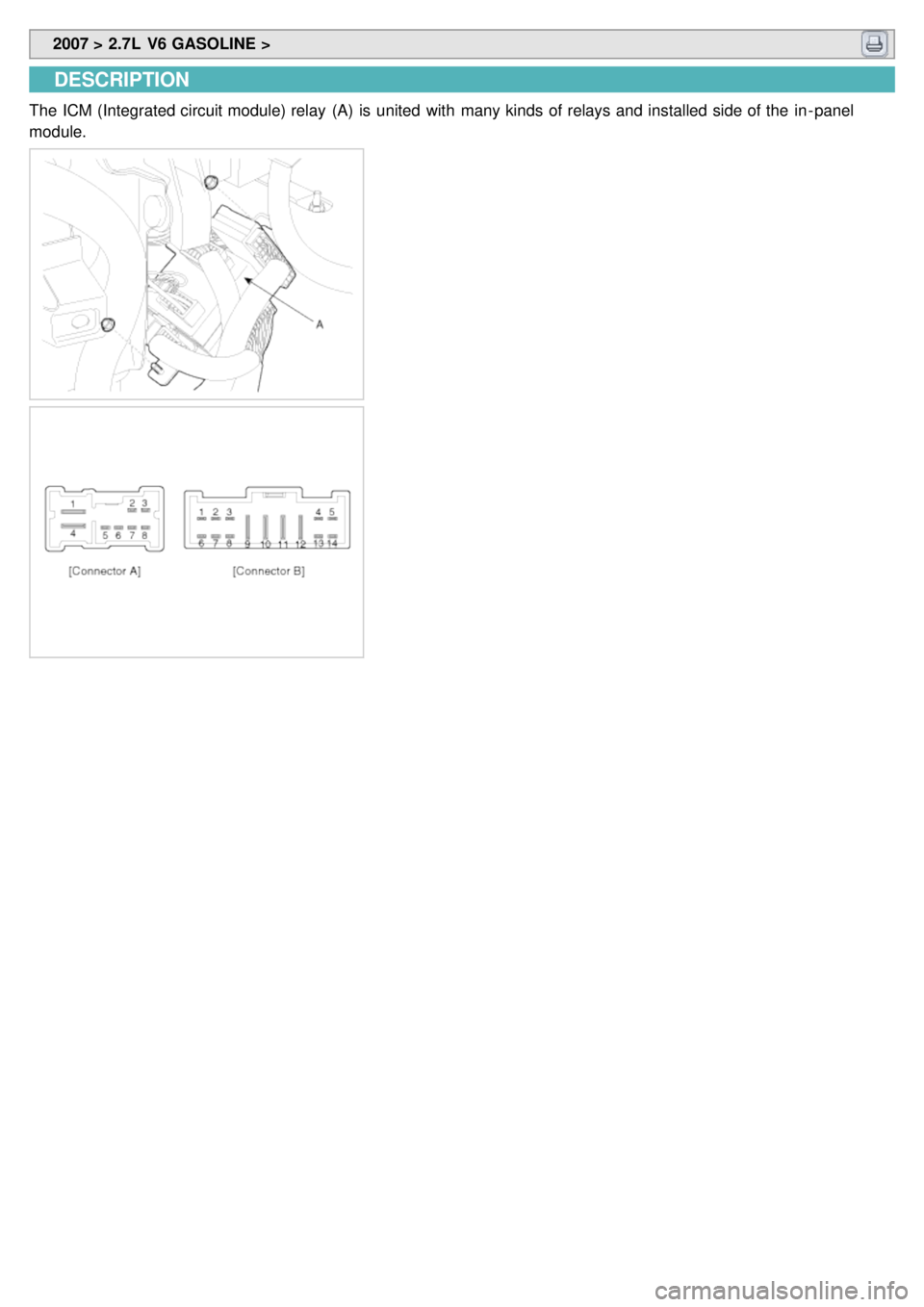 KIA CARNIVAL 2007  Workshop Manual  2007 > 2.7L  V6 GASOLINE > 
DESCRIPTION
The ICM (Integrated circuit module) relay  (A)  is united with  many kinds of relays and installed side of the  in - panel
module. 