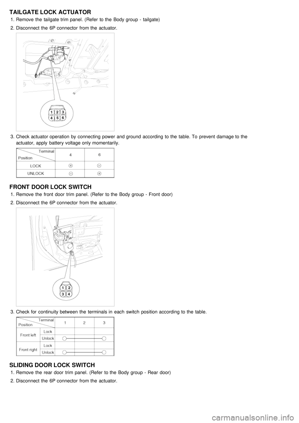KIA CARNIVAL 2007  Workshop Manual TAILGATE LOCK ACTUATOR
1.Remove the  tailgate trim panel. (Refer  to the  Body group  -  tailgate)
2. Disconnect  the  6P connector  from the  actuator.
3.Check actuator operation  by connecting power