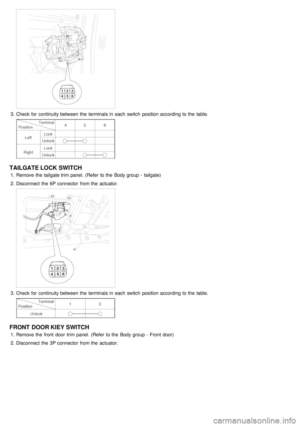 KIA CARNIVAL 2007  Workshop Manual 3.Check for  continuity between  the  terminals in  each  switch  position according to the  table.
TAILGATE LOCK SWITCH
1.Remove the  tailgate trim panel. (Refer  to the  Body group  -  tailgate)
2. 