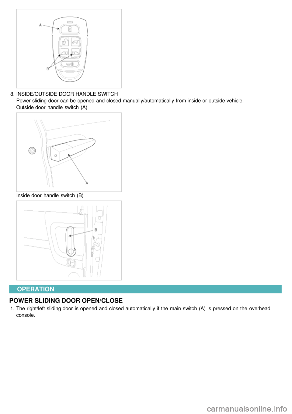 KIA CARNIVAL 2007  Workshop Manual 8.INSIDE/OUTSIDE DOOR HANDLE SWITCH
Power sliding door  can be opened and closed manually/automatically from inside or outside vehicle.
Outside door  handle  switch  (A)
Inside door  handle  switch  (