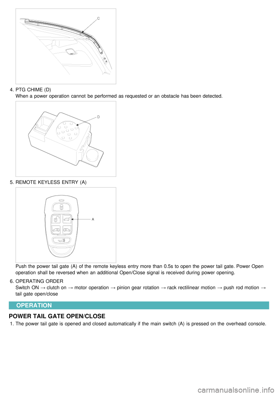 KIA CARNIVAL 2007  Workshop Manual 4.PTG CHIME (D)
When a  power operation  cannot  be performed  as requested or an obstacle has been detected.
5.REMOTE KEYLESS  ENTRY  (A)
Push the  power tail gate  (A)  of the  remote keyless entry 